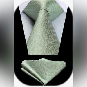 Hisdern Sage Green Neck Business Tie with Pocket Square Wedding Brand new in Box